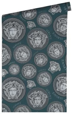 Versace Vliestapete 38611-1 Medusa Silber Petrol -Fashion Home Wallpaper Store Vliestapete 38611 1 Medusa Petrol VERSACE Home Tapete 63213730 2